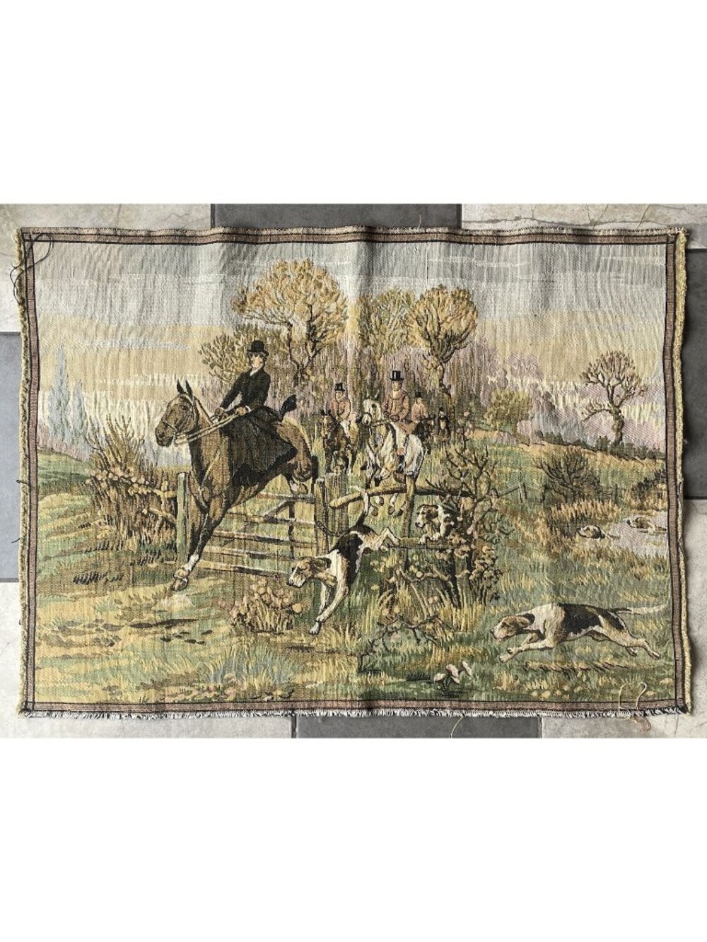 Antique Victorian - Art Deco French Jacquard Tapestry Hound Hunt Equestrian